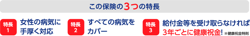 女性の病気に手厚く対応、すべての病気をカバー、給付金等を受け取らなければ3年ごとに健康祝金!