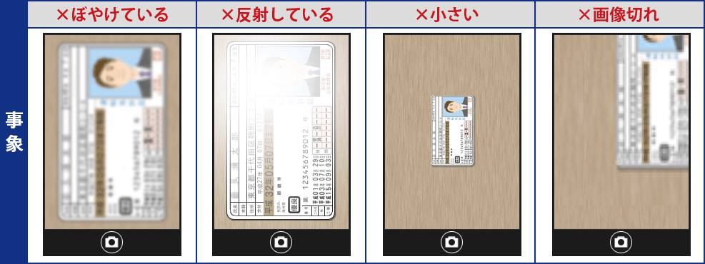 × ぼやけている　× 反射している　× 小さい　× 画像切れ